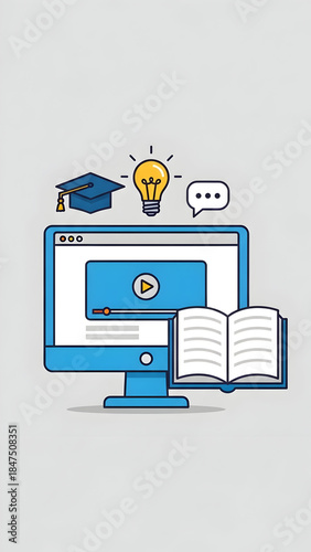 Online Education Concept with Computer and Book.