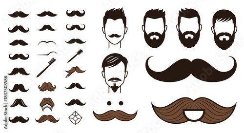 A collection of various mustache styles and beard illustrations.