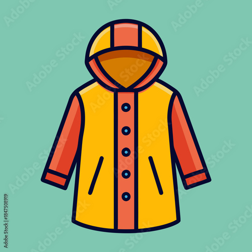 Yellow and orange hooded raincoat with buttons on a teal