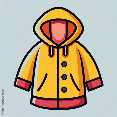 Yellow hooded jacket, red trim, buttons, gray-blue backdrop.