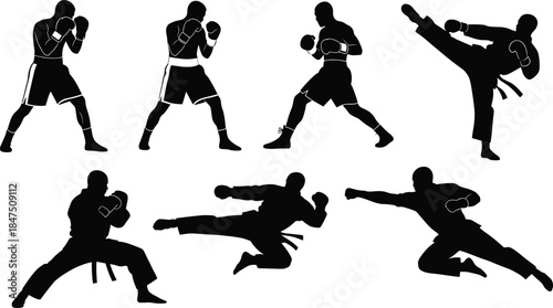 Boxing and martial arts silhouette set showing stances, punches, and kicks in white background combat sports design