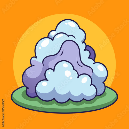 Shiny blue and purple cartoon fluff on green base, orange…