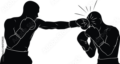 Boxing silhouette of two fighters mid-impact with punch and motion burst on white background combat sports design