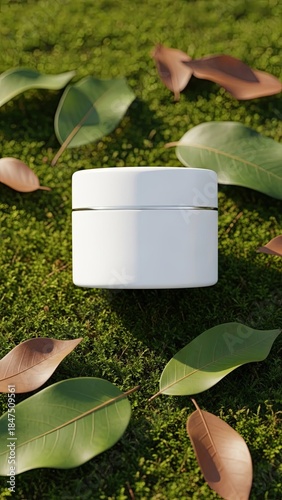 Cardboard Box Mockup Side View Lying On Lush Green Moss Surrounded By Leaves