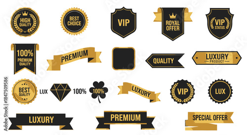 A collection of luxury and premium badges, labels, and ribbons.