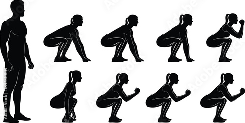 Squat silhouette series showing male and female figures in various squat positions on white background fitness training design 