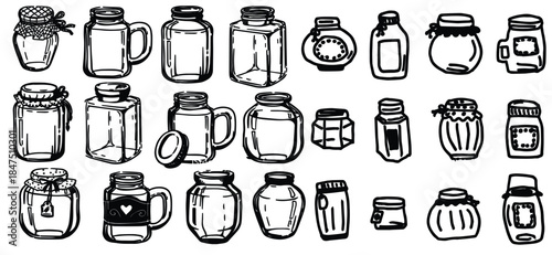 Jars set stock illustration featuring a collection of glass jars in clean outline style. Hand drawn vector jars suitable for packaging design, labels, kitchen storage, food branding, 