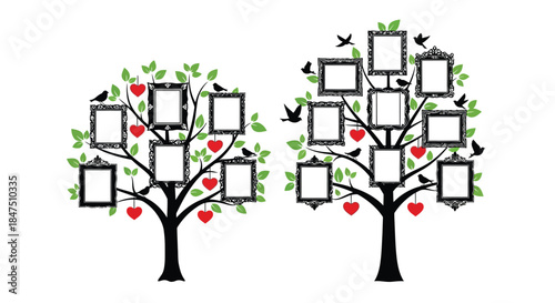 Two decorative family trees with empty picture frames and red hearts