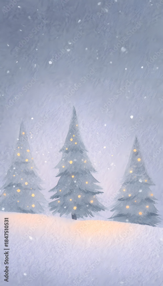 Fototapeta premium Magical winter illustration glowing pine trees snowfall soft lights serene seasonal artwork commercial use