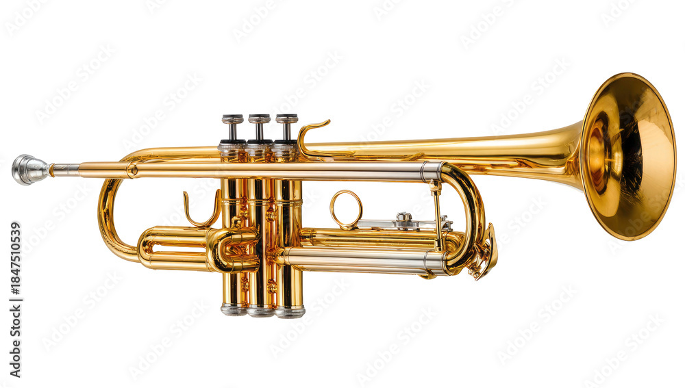 Obraz premium Shiny brass trumpet musical instrument with polished gold finish and silver accents isolated on transparent background
