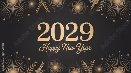 Wallpaper Mural Golden Happy New Year 2029 text with festive fireworks and foliage on black background, elegant celebration concept. Torontodigital.ca