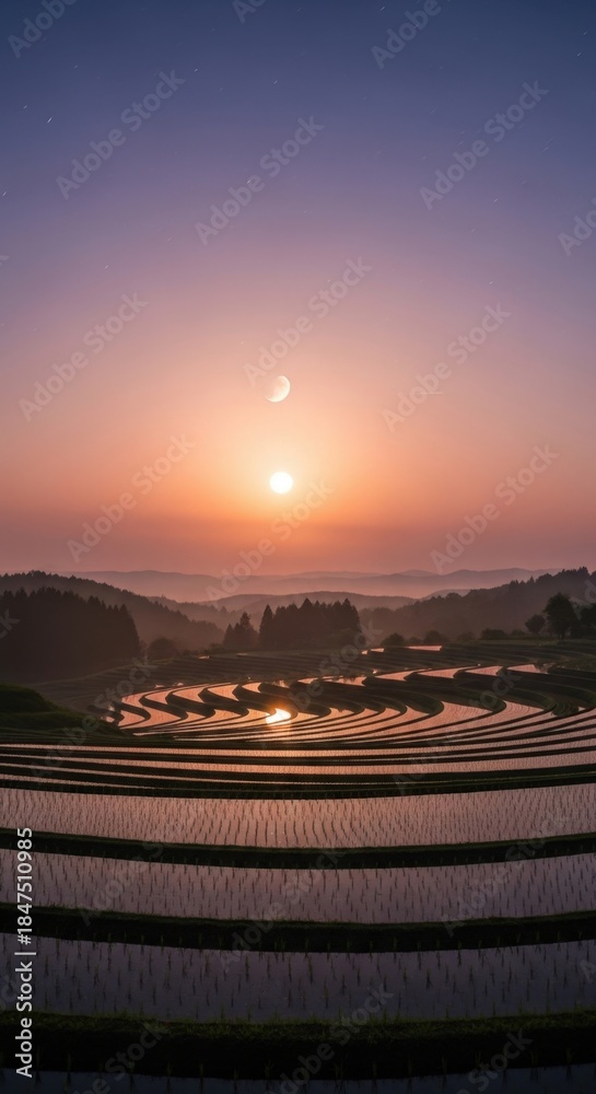 Obraz premium Terraced rice fields reflect the sunset in japan, creating a serene and scenic landscape.