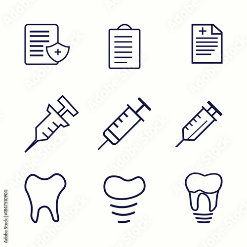 dental care and vaccine syringe line icon set
