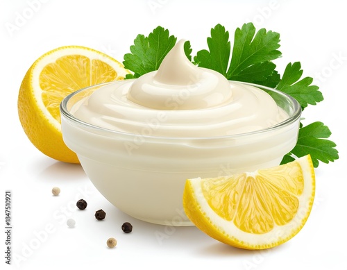 Mayonnaise in a bowl with lemon and herbs