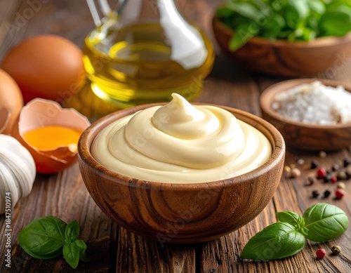 Mayonnaise in a bowl with lemon and herbs