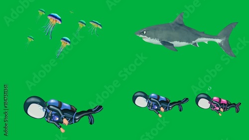 Action 2d animated cartoon animation shark and divers on green screen chromakey background great for thriller underwater scenes.