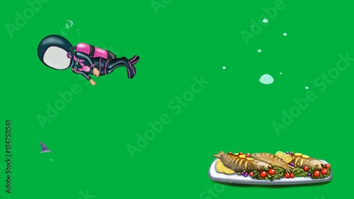 Underwater 2d animated cartoon animation octopus with bubbles and small fish on green screen chromakey background ideal for ocean exploration or marine life videos.