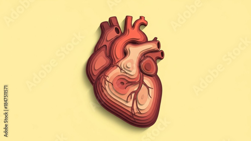 World Heart Day Artistic Illustration of a Human Heart in Layered Paper Cut Style on Yellow Background, Graphic Design, Close-Up View, Medical Concept