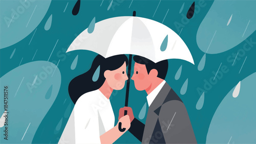 Illustration Of Couple Huddling Closely Under A Single Umbrella, Walking Through Stylized, Falling Rain Vector Design Template
