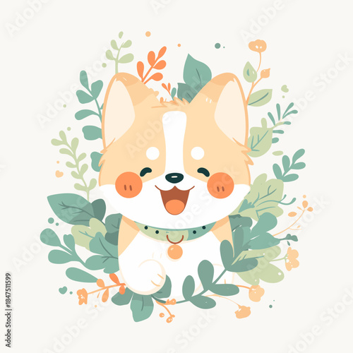 Happy Corgi Dog Surrounded by Green Leaves and Flowers.