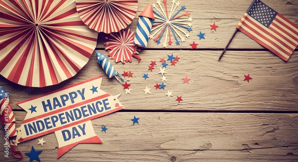 Fototapeta premium Festive display of american independence day decorations and symbols on a rustic wooden background
