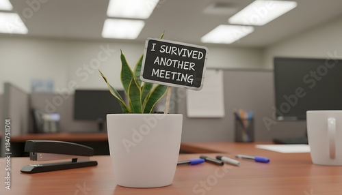 Office Plant With Funny Sign About Surviving Meetings.