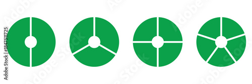 Multicolored pizza charts, pies segmented on from 1 to 4 equal parts. Multicoloured diagrams infographic. Circle section graph. Wheels divided in sections. Loading bar mockup. Pie, pizza chart layout
