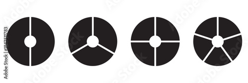 Multicolored pizza charts, pies segmented on from 1 to 4 equal parts. Multicoloured diagrams infographic. Circle section graph. Wheels divided in sections. Loading bar mockup. Pie, pizza chart layout