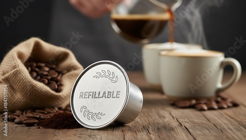 Reusable Coffee Pod with Fresh Beans and Steaming Coffee.
