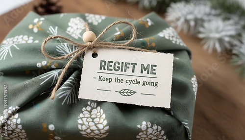 Regift Me Tag on a Christmas Gift Wrapped in Festive Fabric.