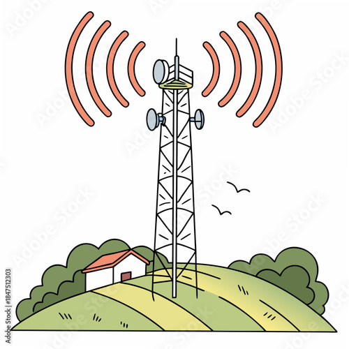 Cartoon cell tower on green hill with house and trees