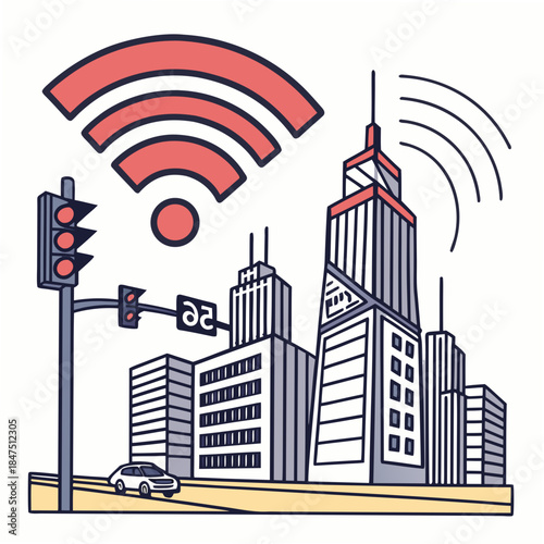 5g cityscape with wifi signal and skyscrapers buildings