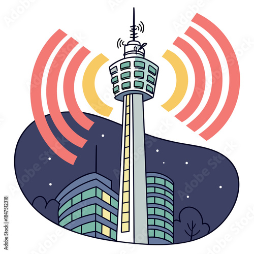 Colorful of a communication tower with signal waves