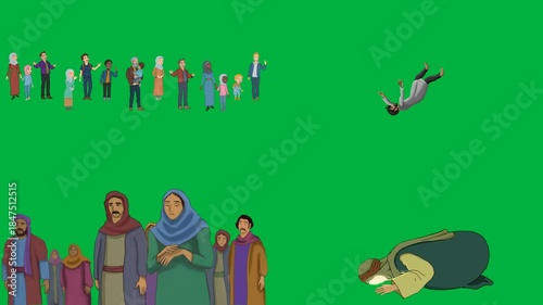 Spiritual 2d animated cartoon animation praying people in robes on green screen chromakey background ideal for religious or peaceful gathering scenes.