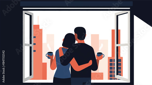 Illustration Of Couple Standing At A Window, One Hugging The Other From Behind, As They Both Look Out At A Stylized Cityscape Vector Design Template