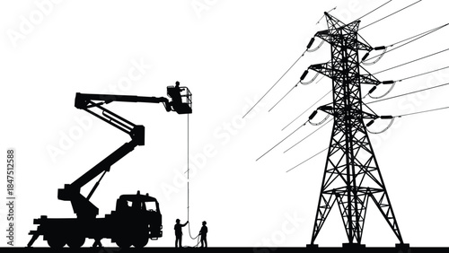 Electric utility workers using boom lift to repair high voltage power lines, transmission tower, industry, maintenance, electricity, silhouette.