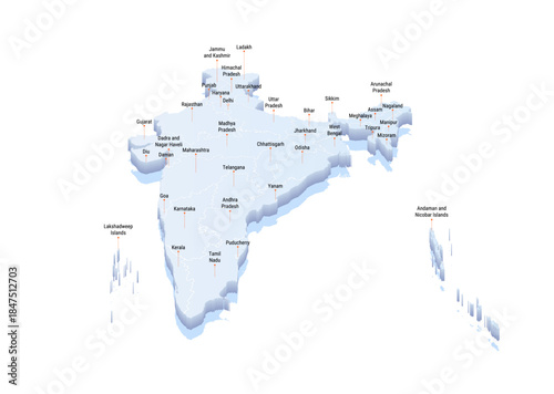 India map with perspective 3d style, with Name and Border of States and union Territories.