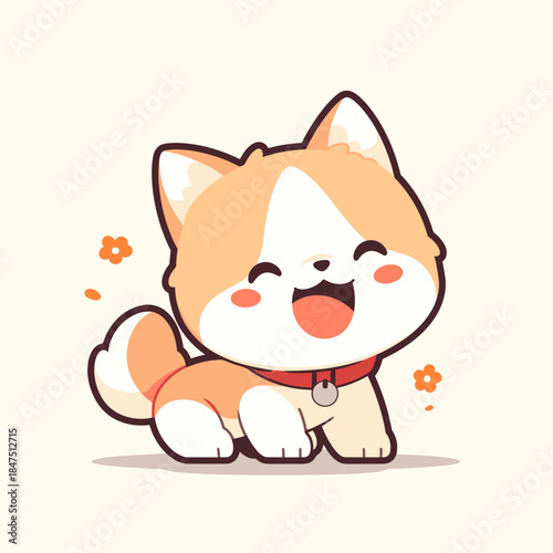 Adorable Happy Puppy Cartoon Illustration with Red Collar and Bell.