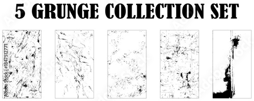 Grunge grainy dirty texture. Set of five abstract urban distress overlay backgrounds. Vector illustration