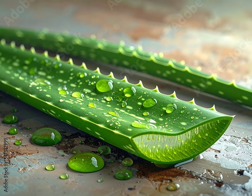 Close-up of sliced aloe vera leaves with water droplets