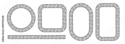 Greek doodle frames set. Hand drawn roman circle, oval and rectangle frame. Greek or Roman ancient motif border design. Ancient ornament elements. Vector illustration isolated on white background.
