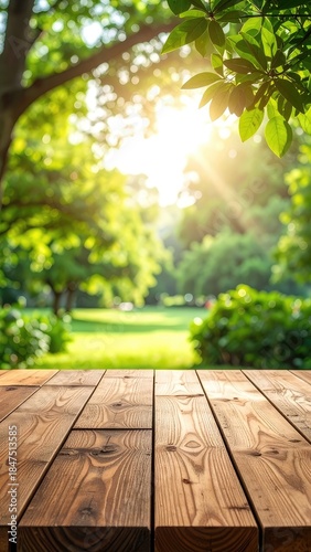 A bright summer day scene featuring a wooden table surface overlooking a sun-drenched, lush green park.