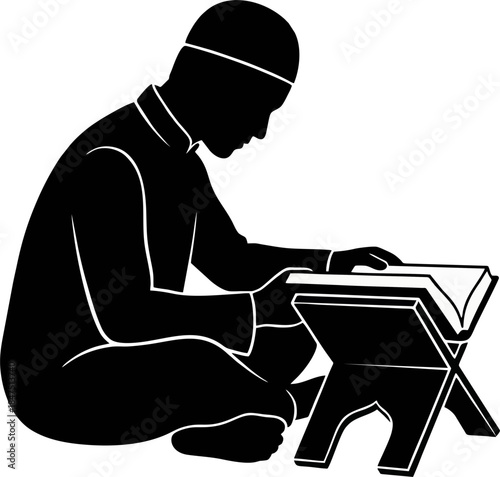 Reading Quran Silhouette Vector. Muslim Man Reciting Holy Book on Rehal Stand for Ramadan Tadarus
