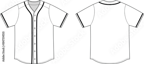 Baseball jersey technical sketch, short sleeve sportswear template, front and back view, fashion flat, garment design, vector illustration