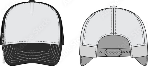 Baseball cap technical sketch, headwear flat drawing, fashion vector template, garment construction view, front back adjustable design