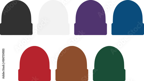 Beanie hat illustration set, solid color vector, fashion accessory template, winter wear design, casual headwear icon, clothing mockup