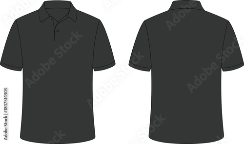 Black polo shirt front and back view, short sleeve design, collar placket, plain back, fashion apparel mockup