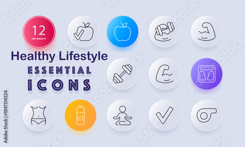 Healthy lifestyle set icon. Apple, dumbbell, arm muscle, weighing scale, waist, battery, yoga pose, checkmark, whistle, fitness body, strong biceps, energy level