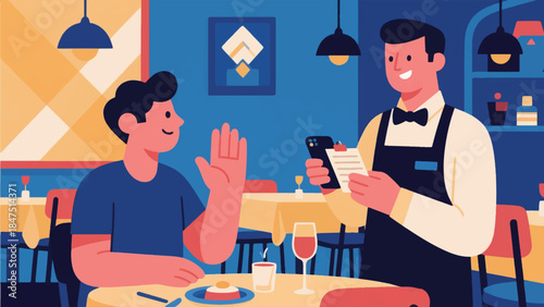 Illustration Of Person Is Communicating Their Order To A Friendly Waiter Using A Note taking App On Their Phone Vector Design Template