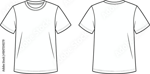 Blank T-shirt template, front and back view, fashion sketch, apparel mockup, garment outline, vector illustration, clothing design, minimalist style